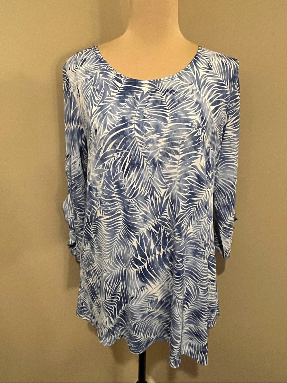 Clara Sun Woo Blue/White Palm, flutter cuff Asymmetric Hem Tunic, S coastal